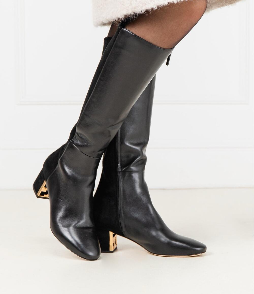 Tory Burch GIGI 55mm Tall Boots Calf Leather Stretch Suede Black Gold Size 8